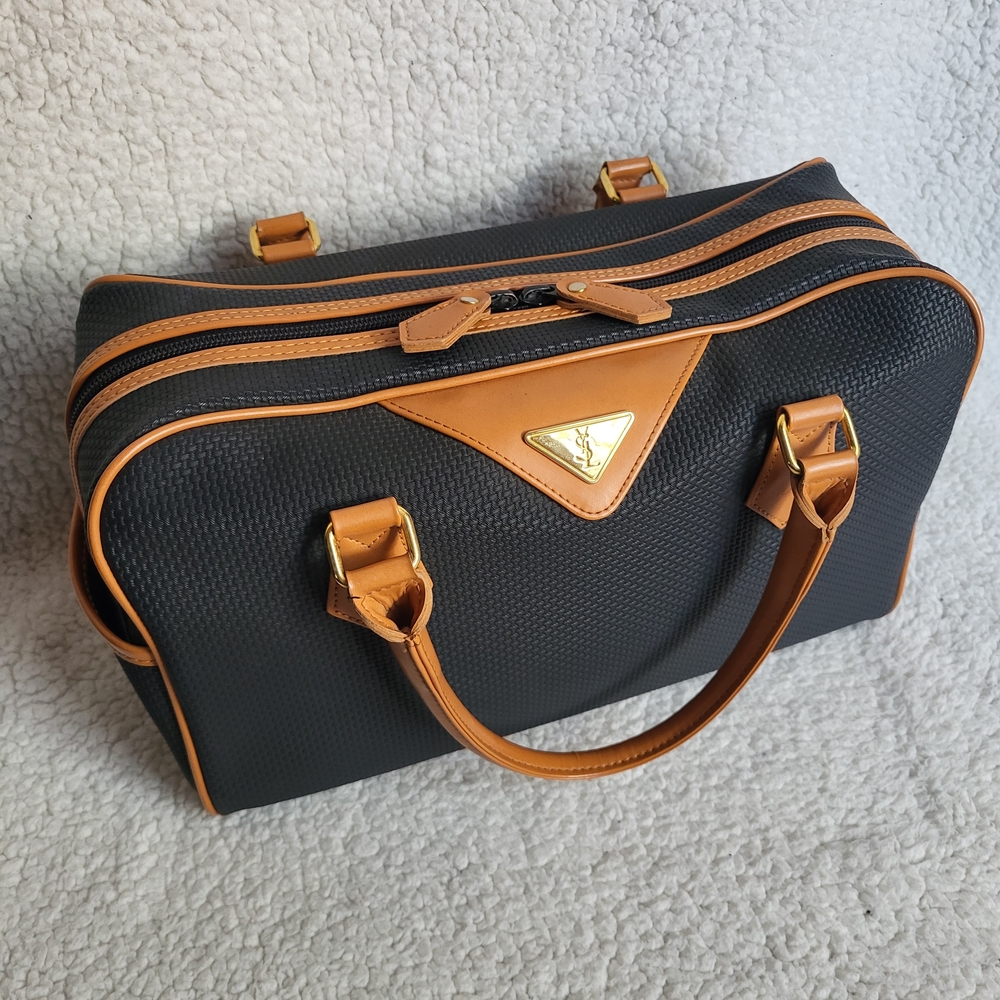 Yves Saint Laurent Black and Tan Leather travel duffle Boston Bag Authentic - Picture 2 of 11